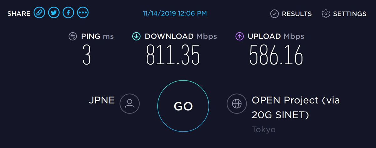 Screenshot of speedtest result showing latency of 3 ms, download of 811.35 Mbps, and upload of 586.16 Mbps